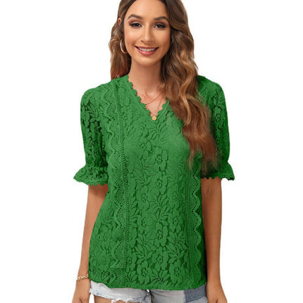 Women's V Neck Lace Crochet Boho Tops Flowy Casual Blouses Shirts