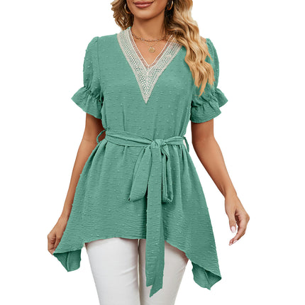 Women's Chiffon Casual V Neck Short Sleeve Tunics Tops Summer Shirts