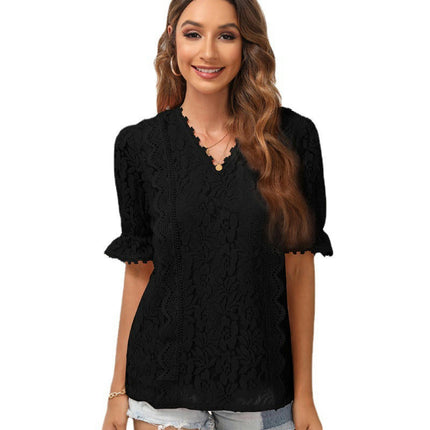 Women's V Neck Lace Crochet Boho Tops Flowy Casual Blouses Shirts