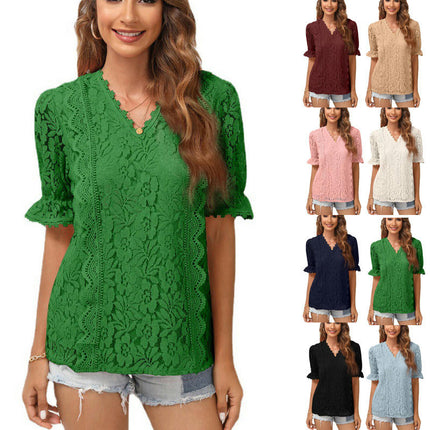 Women's V Neck Lace Crochet Boho Tops Flowy Casual Blouses Shirts