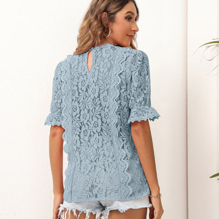 Women's V Neck Lace Crochet Boho Tops Flowy Casual Blouses Shirts