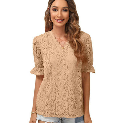 Women's V Neck Lace Crochet Boho Tops Flowy Casual Blouses Shirts