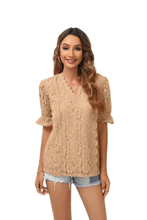 Women's V Neck Lace Crochet Boho Tops Flowy Casual Blouses Shirts