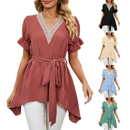 Women's Chiffon Casual V Neck Short Sleeve Tunics Tops Summer Shirts