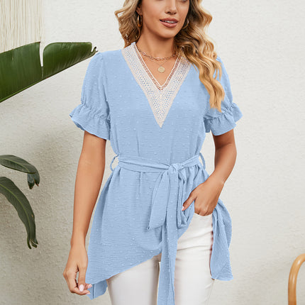 Women's Chiffon Casual V Neck Short Sleeve Tunics Tops Summer Shirts