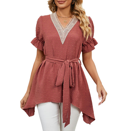 Women's Chiffon Casual V Neck Short Sleeve Tunics Tops Summer Shirts