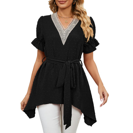 Women's Chiffon Casual V Neck Short Sleeve Tunics Tops Summer Shirts