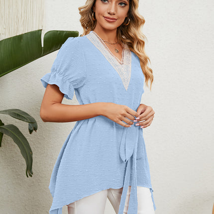 Women's Chiffon Casual V Neck Short Sleeve Tunics Tops Summer Shirts