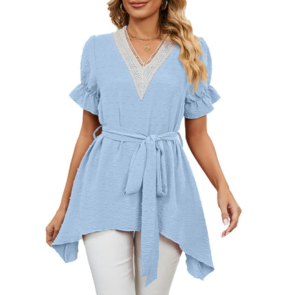 Women's Chiffon Casual V Neck Short Sleeve Tunics Tops Summer Shirts