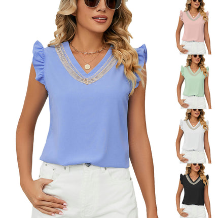 Women's Summer V Neck Ruffle Sleeve Chiffon Casual Flowy Blouse Shirts Tee