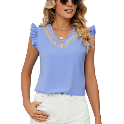 Women's Summer V Neck Ruffle Sleeve Chiffon Casual Flowy Blouse Shirts Tee