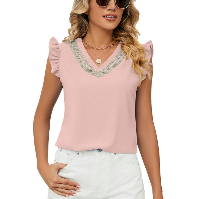 Women's Summer V Neck Ruffle Sleeve Chiffon Casual Flowy Blouse Shirts Tee