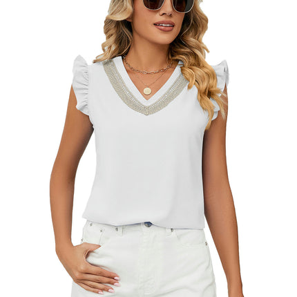 Women's Summer V Neck Ruffle Sleeve Chiffon Casual Flowy Blouse Shirts Tee