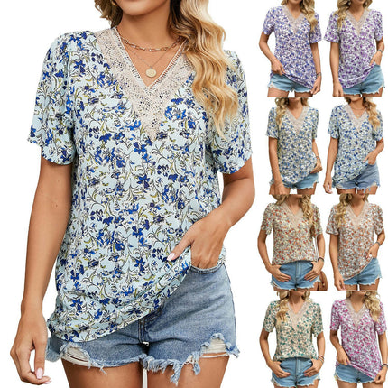 Women's Short Sleeve Casual Shirts Boho Floral Print V Neck Tops Loose Blouses