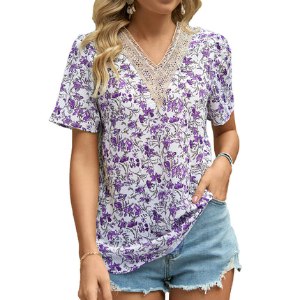 Women's Short Sleeve Casual Shirts Boho Floral Print V Neck Tops Loose Blouses