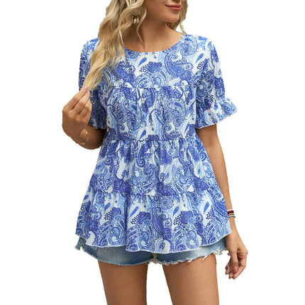 Women's Casual Short Sleeve Crewneck Loose Tops Babydoll Chiffon Blouses Tunics