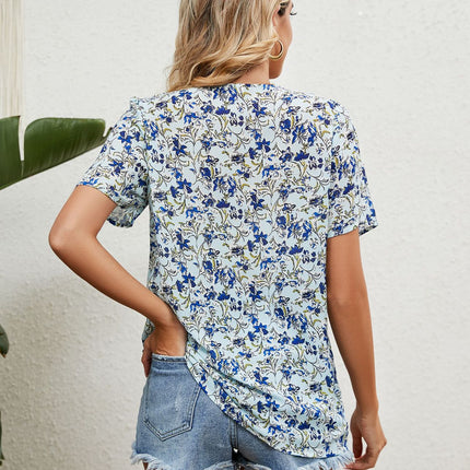 Women's Short Sleeve Casual Shirts Boho Floral Print V Neck Tops Loose Blouses