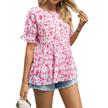 Women's Casual Short Sleeve Crewneck Loose Tops Babydoll Chiffon Blouses Tunics