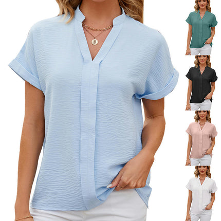 Women's Summer Chiffon Blouses Short Sleeve V Neck Tunic Tops Model B