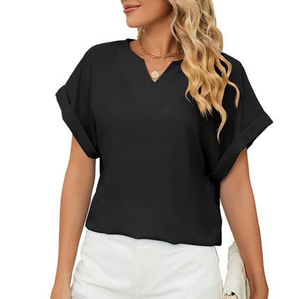 Women's Summer Loose Blouses Short Sleeve V Neck Tunic Tops