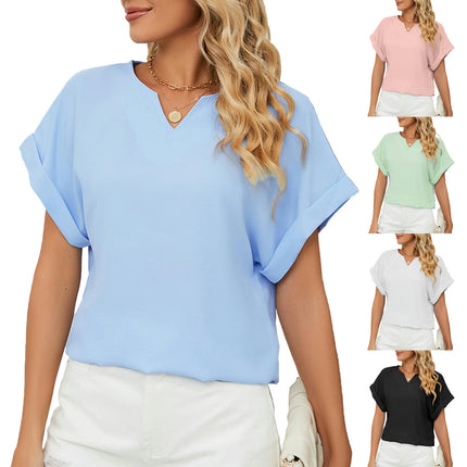 Women's Summer Loose Blouses Short Sleeve V Neck Tunic Tops