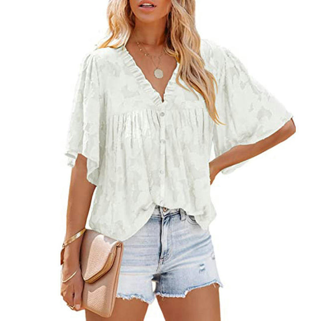 Women's Summer Ruffle V Neck Lace Bell Sleeve Loose Tops Blouse Shirt