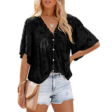 Women's Summer Ruffle V Neck Lace Bell Sleeve Loose Tops Blouse Shirt