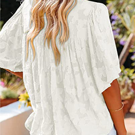 Women's Summer Ruffle V Neck Lace Bell Sleeve Loose Tops Blouse Shirt