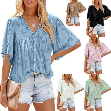 Women's Summer Ruffle V Neck Lace Bell Sleeve Loose Tops Blouse Shirt