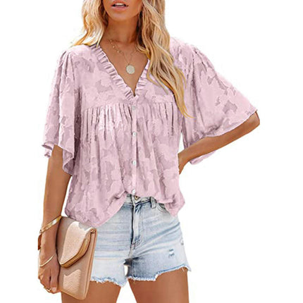 Women's Summer Ruffle V Neck Lace Bell Sleeve Loose Tops Blouse Shirt