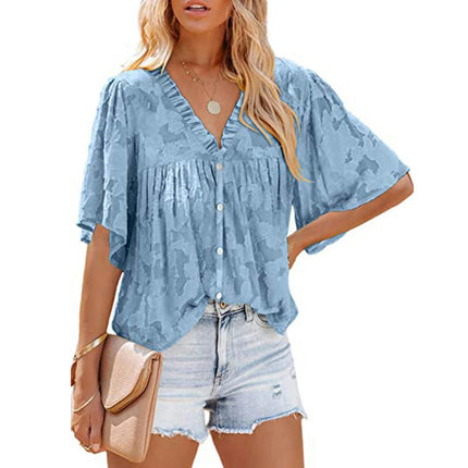 Women's Summer Ruffle V Neck Lace Bell Sleeve Loose Tops Blouse Shirt