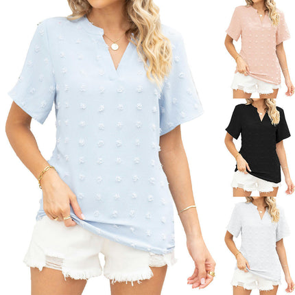 Women's Summer Chiffon Tops Casual V Neck Short Sleeve Loose Shirts