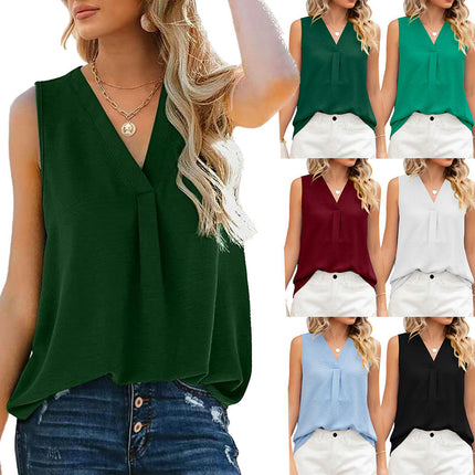 Women's V Neck Sleeveless Tank Tops Summer Loose Fit Chiffon Pleated Blouses Shirts