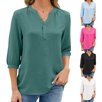 Women's V Neck 3/4 Sleeve Tops Shirts Casual Summer Loose Tunic Blouses