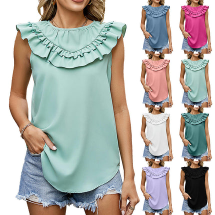 Women's Sleeveless Tops Chiffon Ruffle Crewneck Tank Tops Casual Loose Shirt