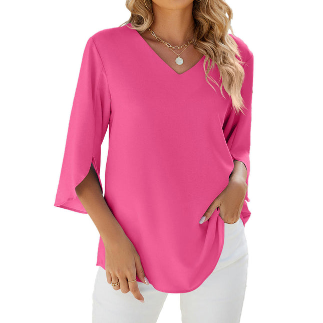 Women's V Neck Tops Chiffon Shirts Summer 3/4 Sleeve Loose Tunic Blouses