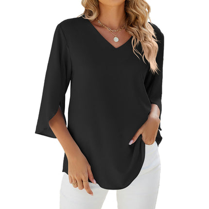 Women's V Neck Tops Chiffon Shirts Summer 3/4 Sleeve Loose Tunic Blouses