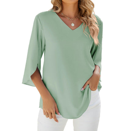 Women's V Neck Tops Chiffon Shirts Summer 3/4 Sleeve Loose Tunic Blouses