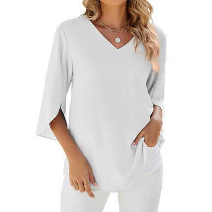 Women's V Neck Tops Chiffon Shirts Summer 3/4 Sleeve Loose Tunic Blouses