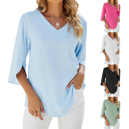 Women's V Neck Tops Chiffon Shirts Summer 3/4 Sleeve Loose Tunic Blouses