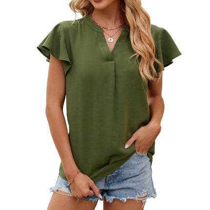 Women's V Neck Tops Chiffon Shirts Ruffle Sleeve Loose Tunic Blouses