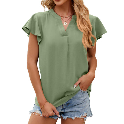 Women's V Neck Tops Chiffon Shirts Ruffle Sleeve Loose Tunic Blouses