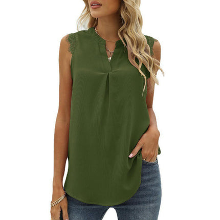 Women V Neck Lace Trim Tank Tops Casual Loose Sleeveless Chiffon Blouse Shirts