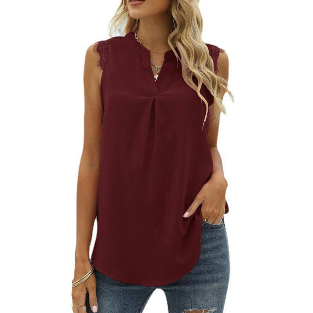 Women V Neck Lace Trim Tank Tops Casual Loose Sleeveless Chiffon Blouse Shirts