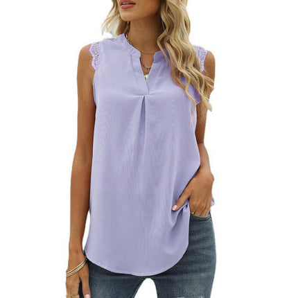 Women V Neck Lace Trim Tank Tops Casual Loose Sleeveless Chiffon Blouse Shirts