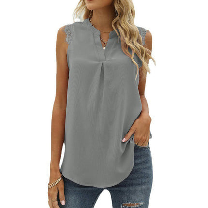 Women V Neck Lace Trim Tank Tops Casual Loose Sleeveless Chiffon Blouse Shirts