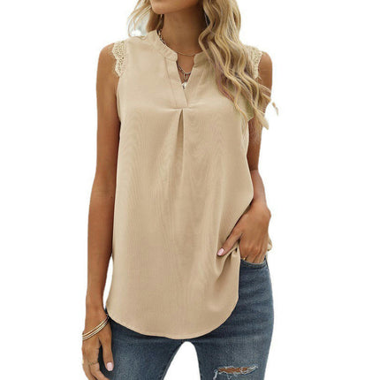 Women V Neck Lace Trim Tank Tops Casual Loose Sleeveless Chiffon Blouse Shirts