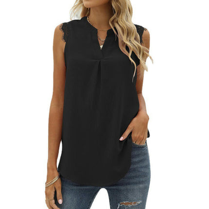 Women V Neck Lace Trim Tank Tops Casual Loose Sleeveless Chiffon Blouse Shirts