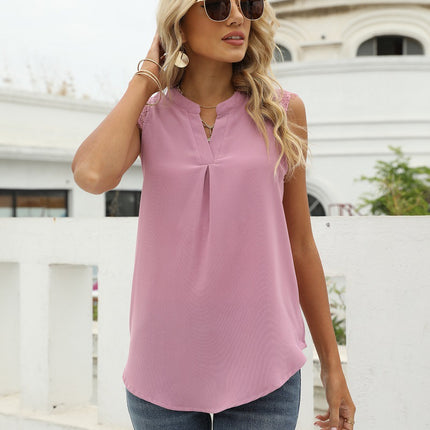 Women V Neck Lace Trim Tank Tops Casual Loose Sleeveless Chiffon Blouse Shirts