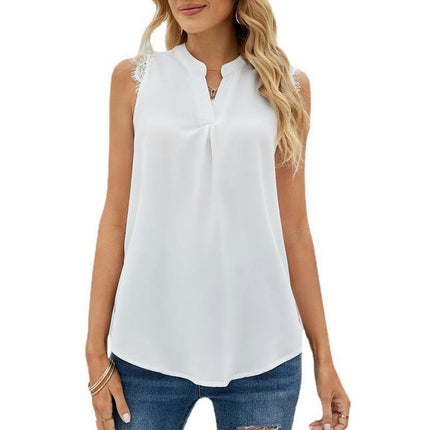 Women V Neck Lace Trim Tank Tops Casual Loose Sleeveless Chiffon Blouse Shirts